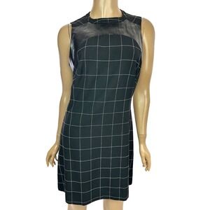 BEBE Sheath Dresss Size 8 Black w White Lines Sleeveless Faux Leather Trim